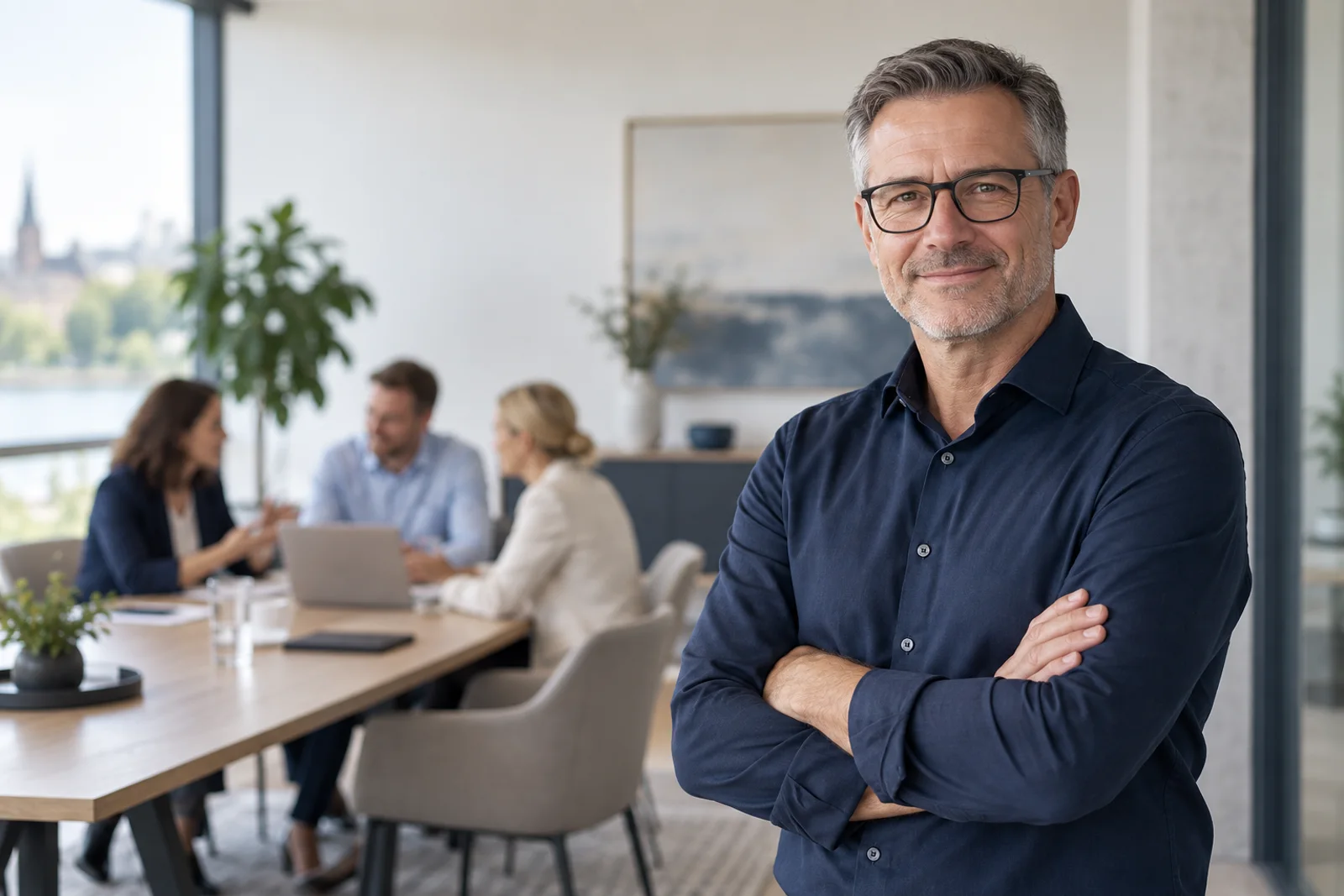 Unternehmer steht vor seinem Team in einem modernen Büro