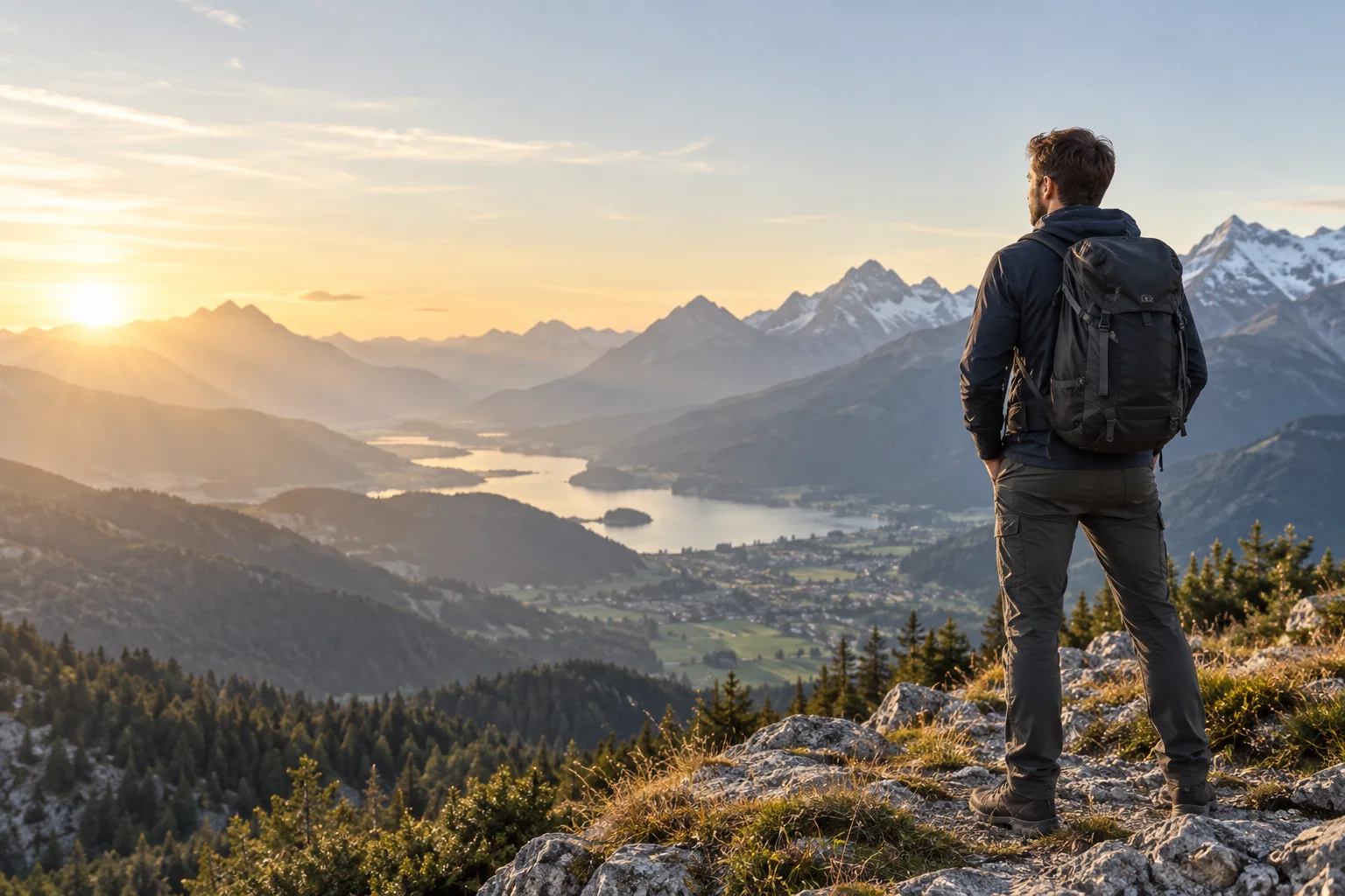 Wanderer blickt über eine Berglandschaft als Symbol für den Schutz der Arbeitskraft