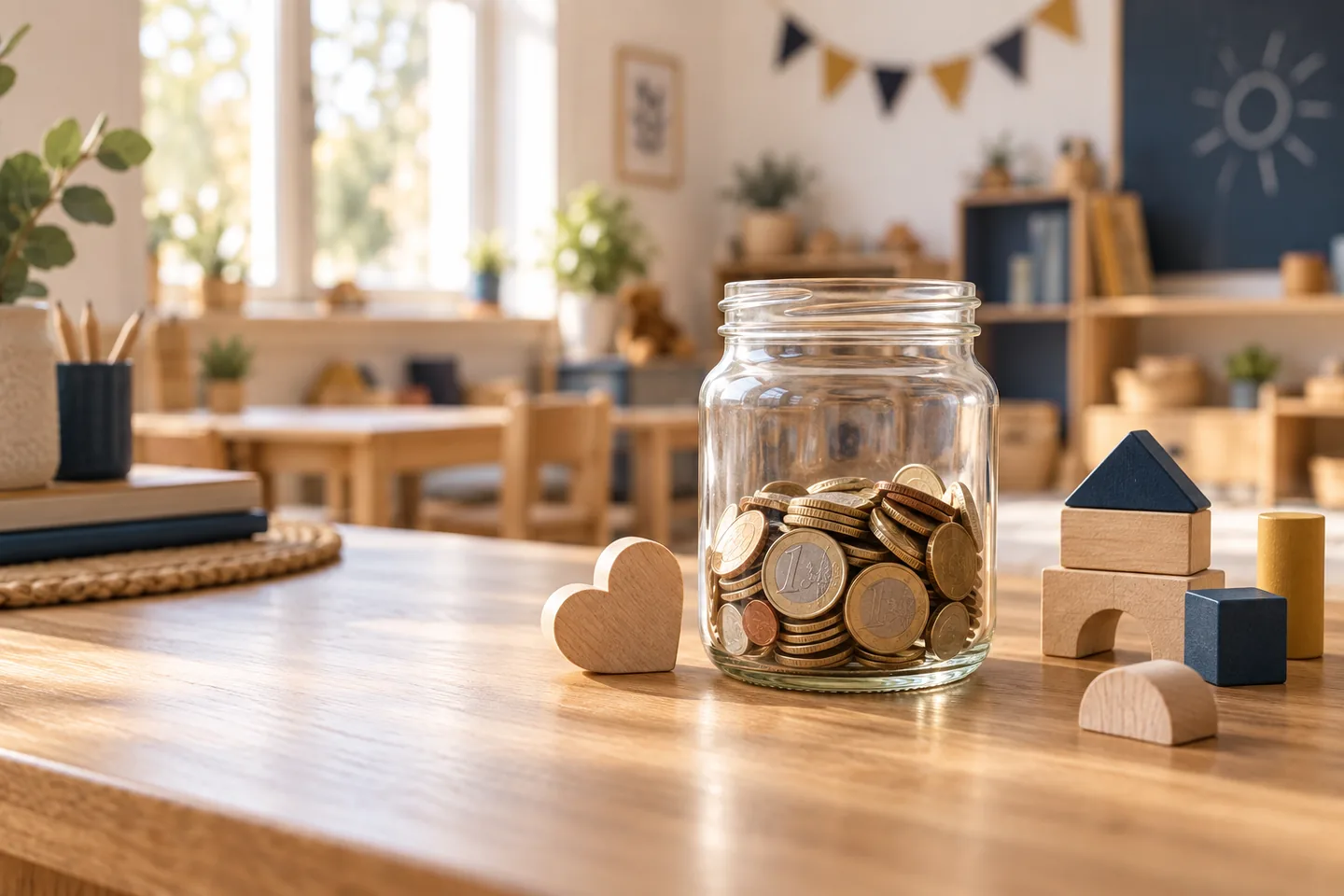 Sparglas mit Euromünzen und Holzspielzeug in einer Kindertagesstätte