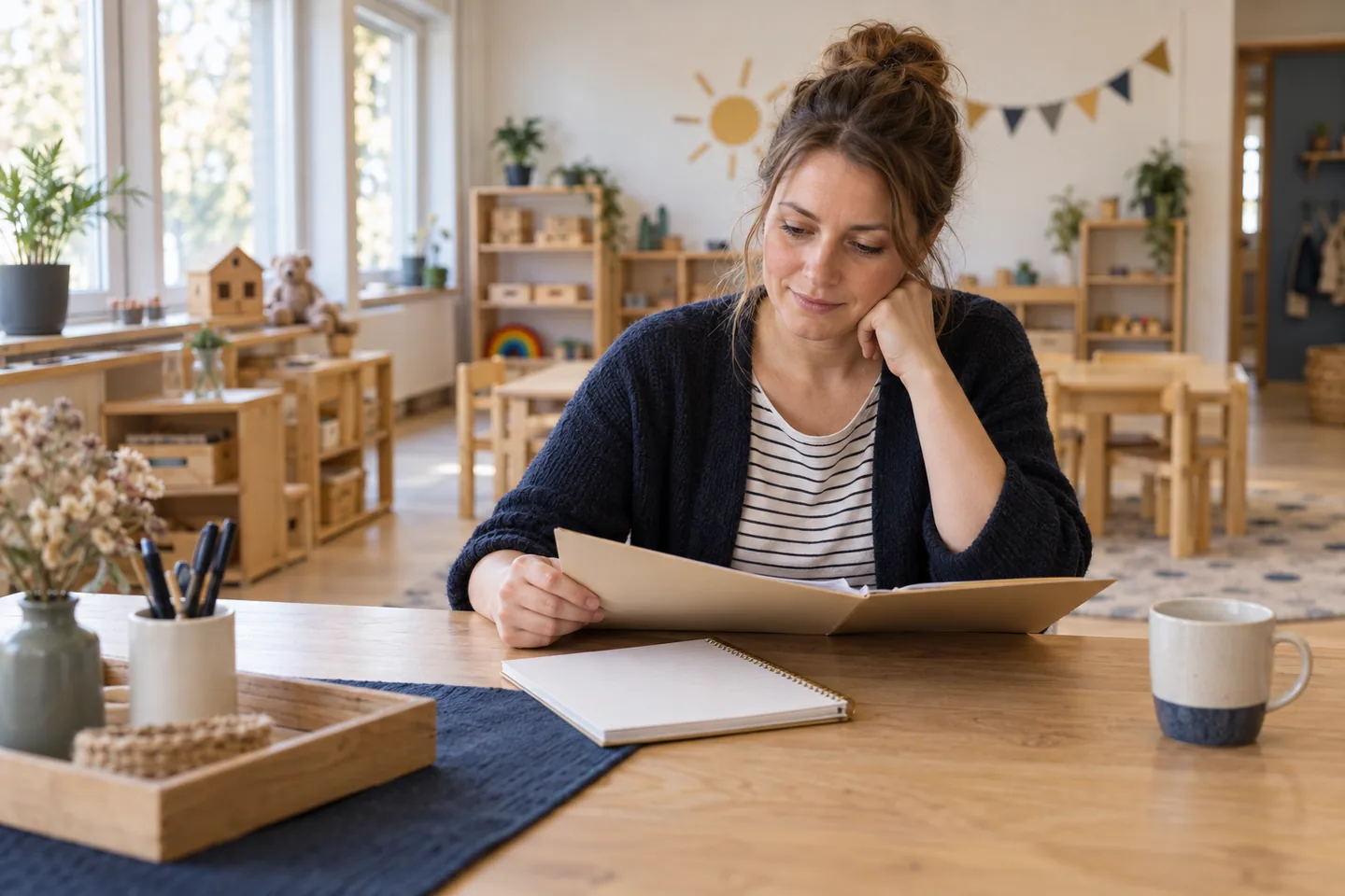 Erzieherin prüft Unterlagen an einem Tisch in einer Kindertagesstätte