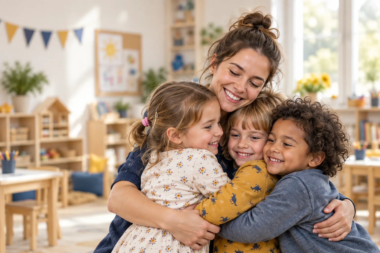 Erzieherin mit drei Kindern in einer hellen Kindertagesstätte