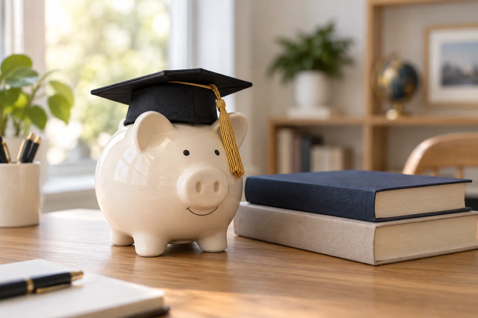 Sparschwein mit Abschlusskappe und Büchern als Symbol für Bildung und Vermögensübergabe