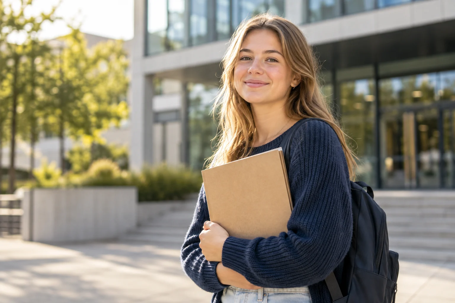 Junge Erwachsene mit Unterlagen und Rucksack vor einem modernen Campusgebäude
