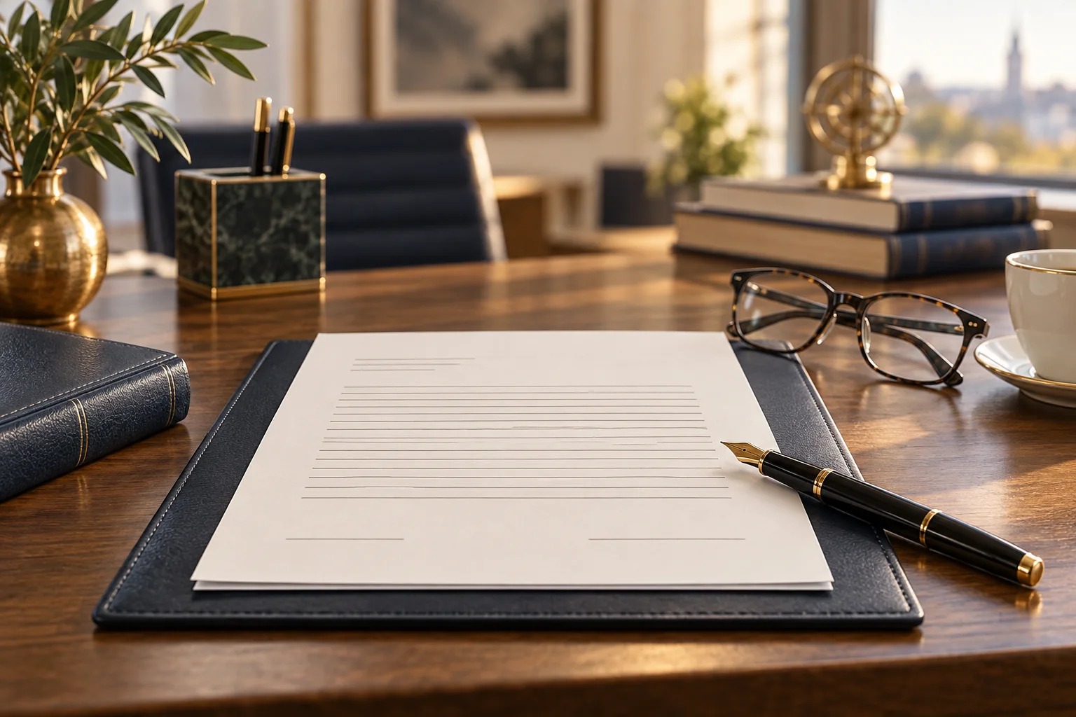Pensionszusage mit Stift und Brille auf einem Schreibtisch