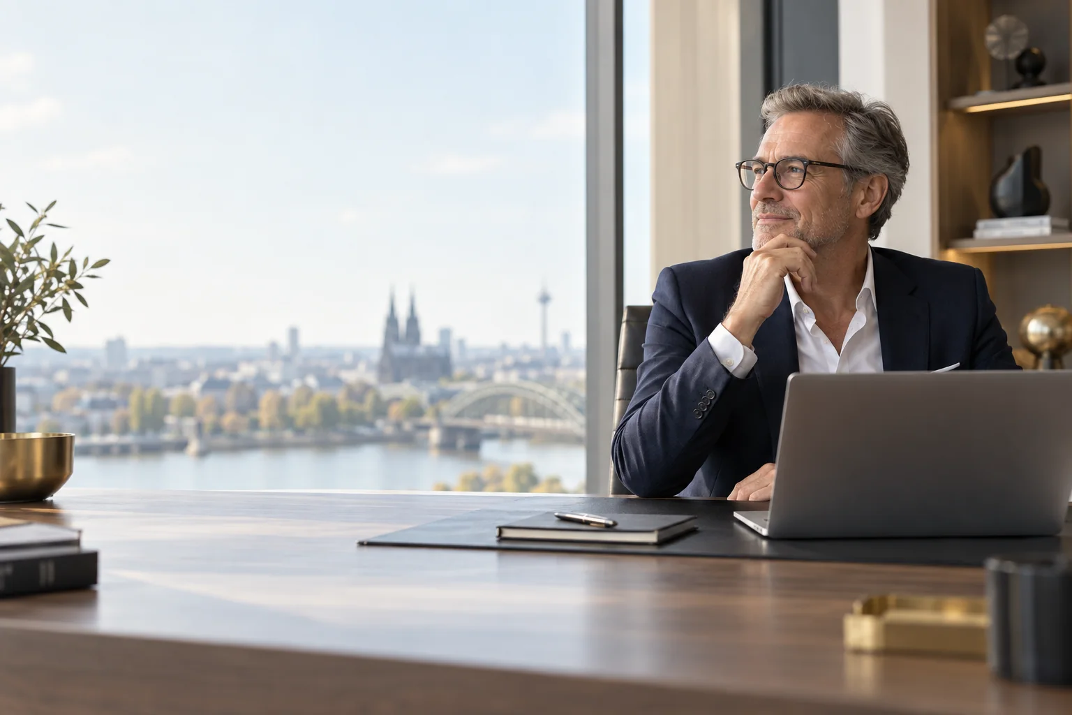 Unternehmer plant im Büro seine Pensionszusage und Unternehmensnachfolge