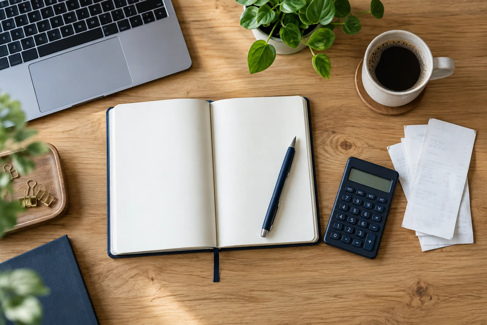 Geordneter Arbeitsplatz mit Notizbuch, Rechner und Belegen