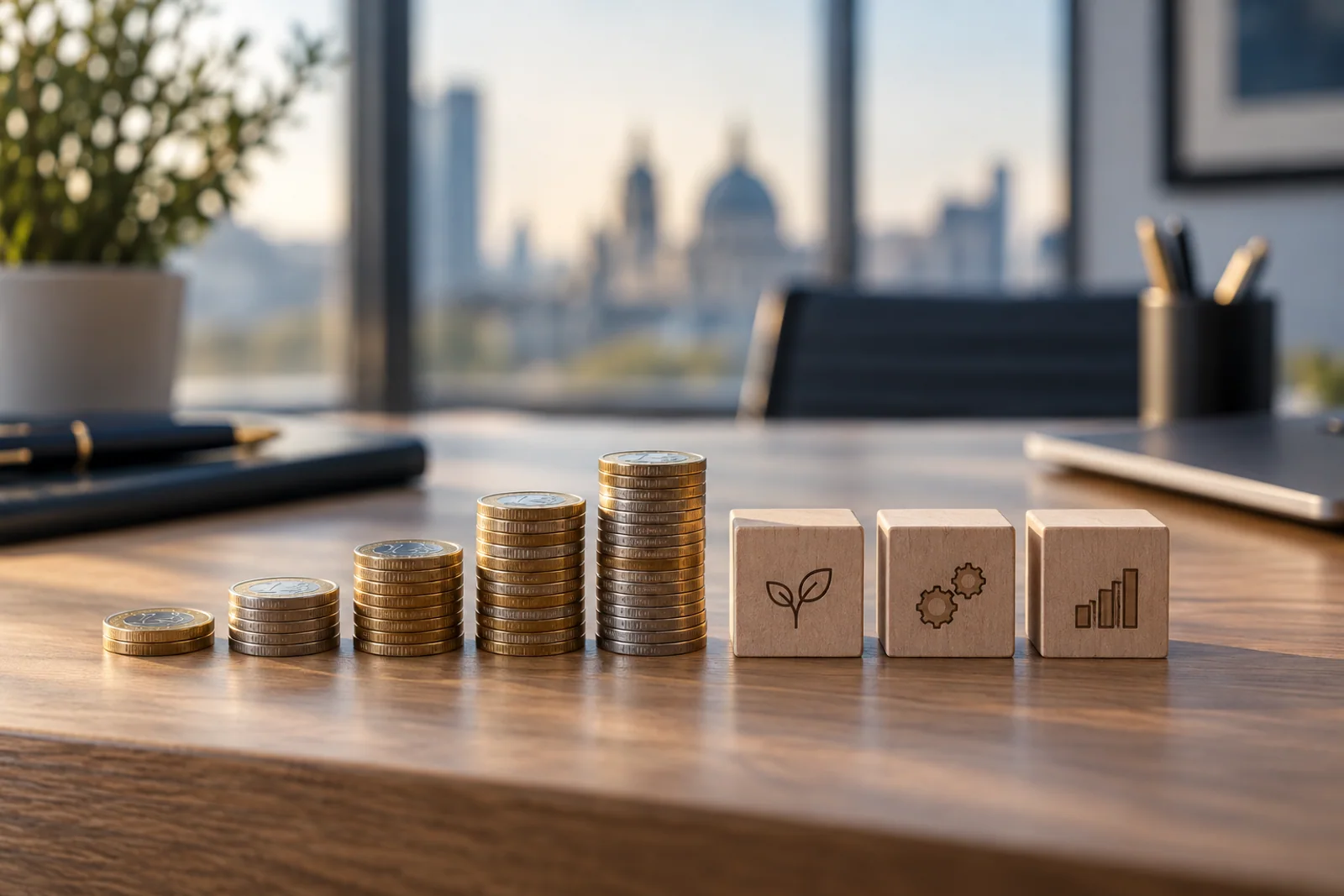 Wachsende Münzstapel und Holzbausteine als Symbol für Investitionen