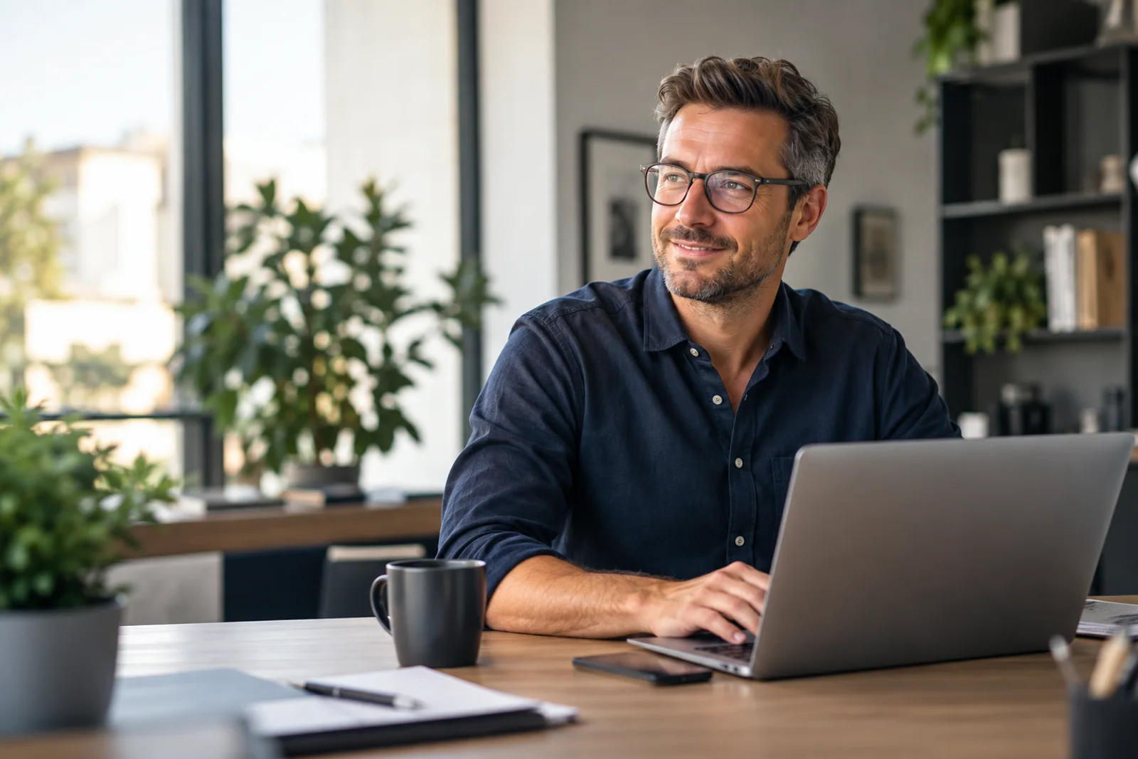 Selbstständiger Unternehmer plant seine Finanzen in einem modernen Büro